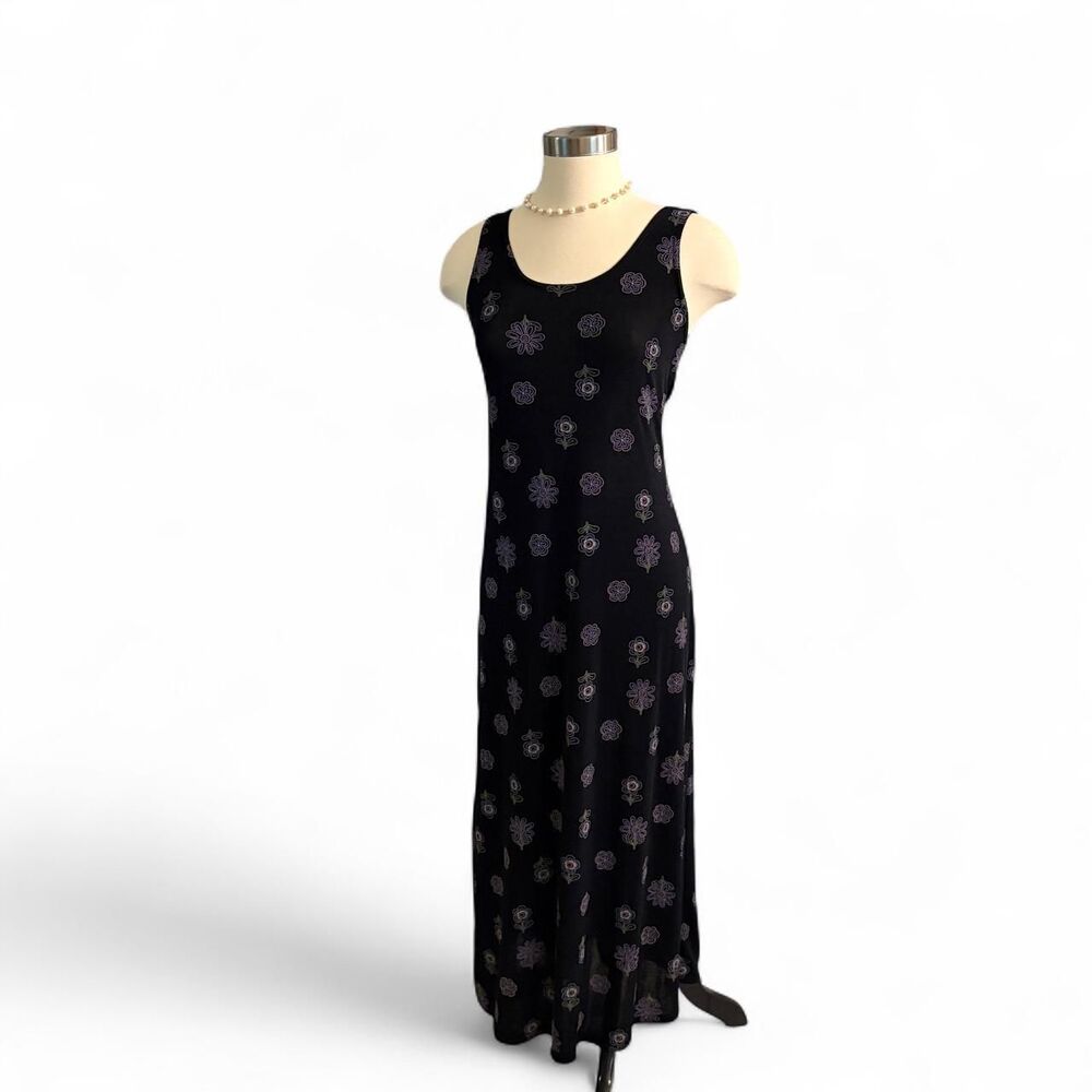 Vintage 90s Christina Black Multicolor Floral Maxi Dress Sleeveless Medium M